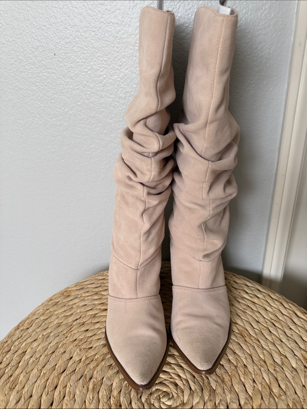 Chinese Laundry Slouchy Knee-High Pointed-Toe Boots in Light Beige